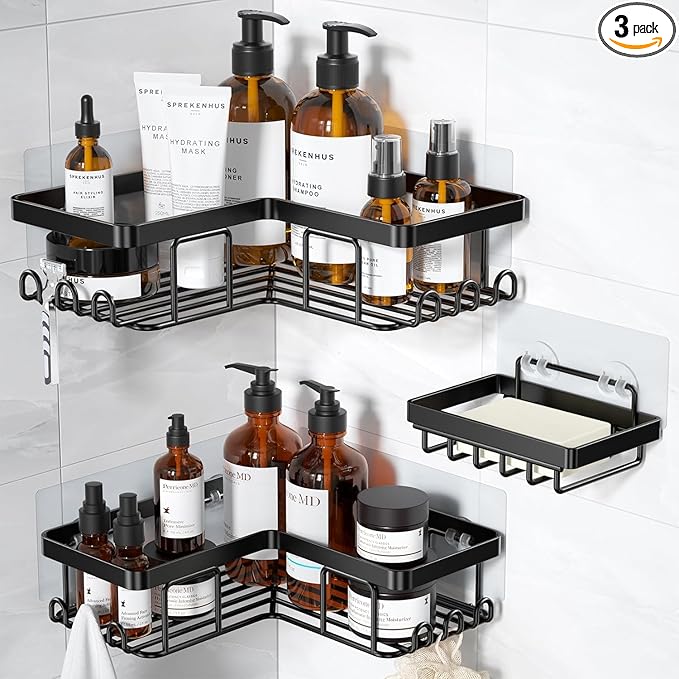 YASONIC Corner Adhesive Shower Caddy, with Soap Holder and 12 Hooks, Rustproof Stainless Steel Bathroom Organizer, No Drilling Wall Mounted Rack, Black, 3-Pack by YASONIC