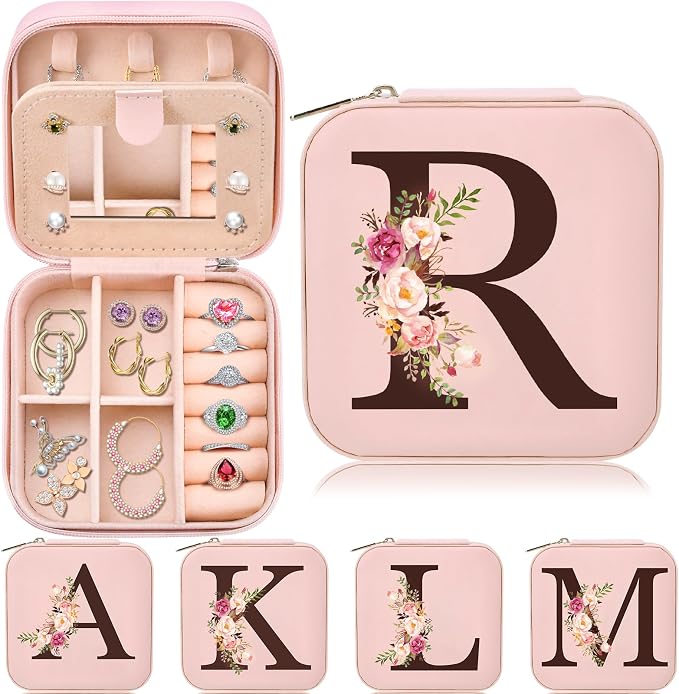 Inngeroo Small Travel Jewelry Case for Girls Women, Travel Jewelry Box Organizer Personalized Pink Gifts for Wife Mom, Gift for Friend Sister Grandma Aunt, Initial R by Inngeroo