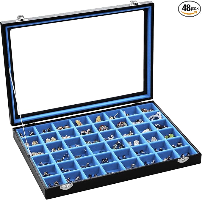 Stratalife Jewelry Organizer 48 Grid Jewelry Tray with Clear Lid Dust-proof Velvet Earring Organizer Necklace Rings Holder Display Drawer Storage Case for Women Blue Black by Stratalife