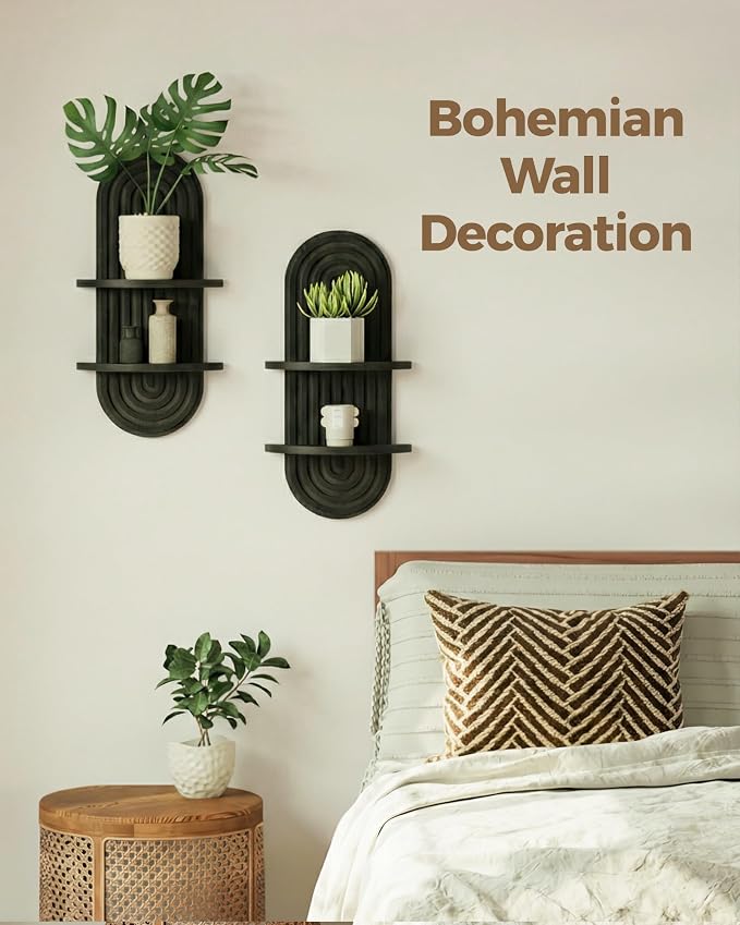 Bamworld Boho Wall Decor 2pcs Plant Wall Shelf, Mid Century Modern Decor Hanging Plant Shelf, 2-Tier Wooden Floating Shelves for Home, Bathroom Bedroom Living Room, Office Planter Decoration Walnut - Image 3