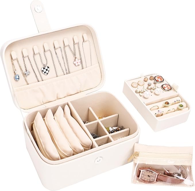 2 Layer Portable Jewelry Box, Large Jewelry Travel Case with 4 Jewelry Pouches, Medium Size Jewelry Organizer Box for Earrings, Necklaces, Bracelets (beige) by Unknown