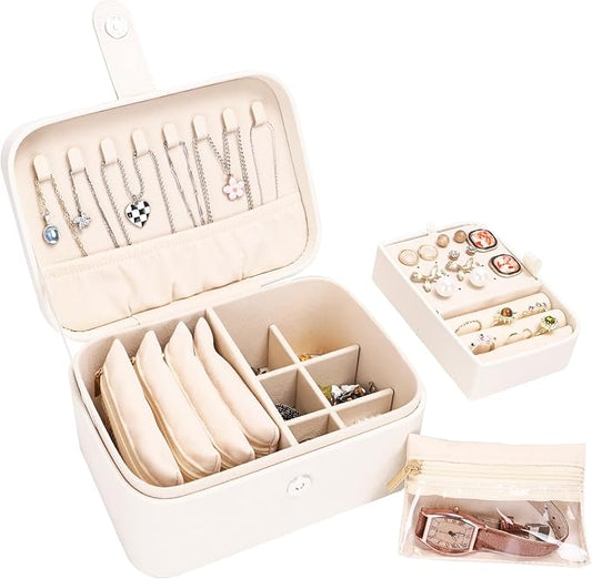 2 Layer Portable Jewelry Box, Large Jewelry Travel Case with 4 Jewelry Pouches, Medium Size Jewelry Organizer Box for Earrings, Necklaces, Bracelets (beige) by Unknown