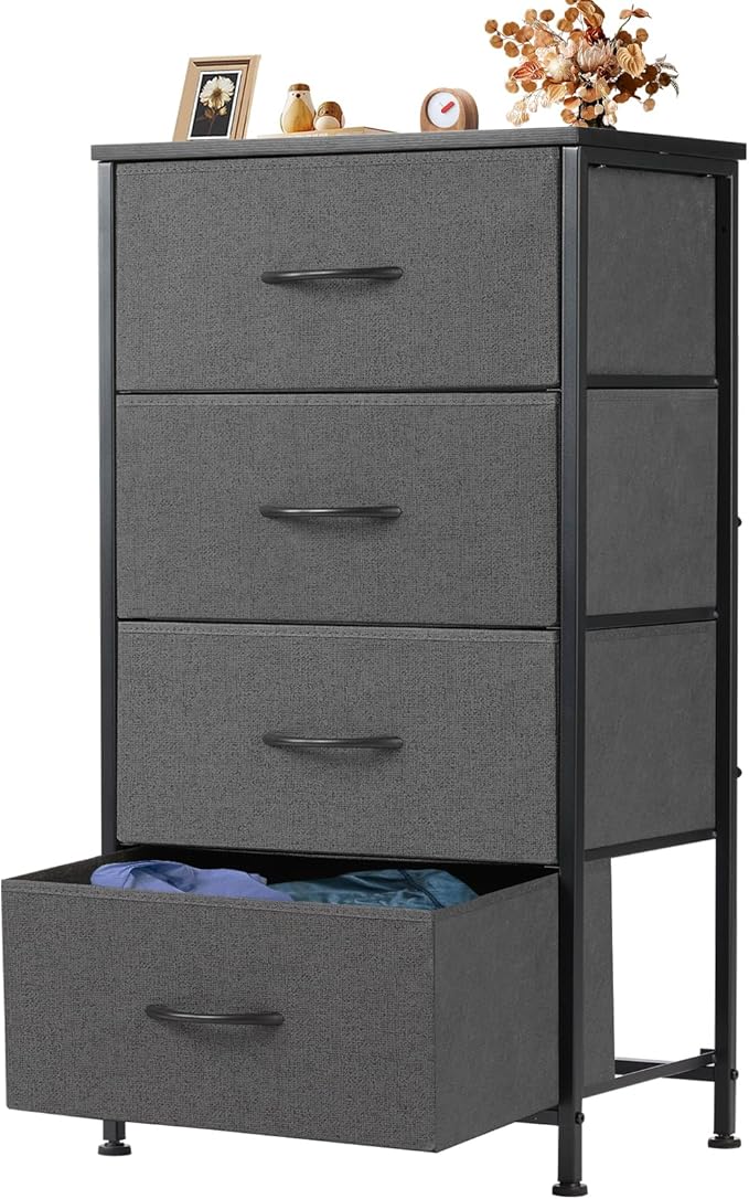 Sweetcrispy Dresser for Bedroom, Storage Drawers, Skinny Fabric Storage Tower with 4 Drawers, Tower Organizer Unit, Chest of Drawers with Wooden Top for Closet，Entryway