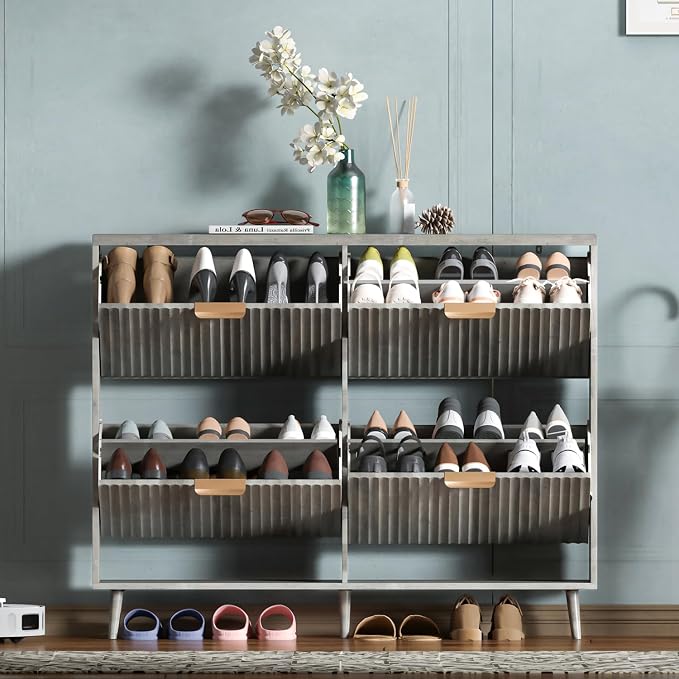 Shoe Cabinet Storage,Modern Freestanding Organizer with 4 Flip Drawers,Narrow Shoe Rack Cabinet for Entryway,Grey by QIVOMIX