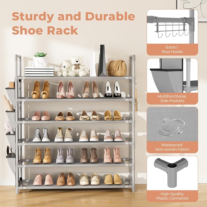 LANTEFUL 6 Tier Shoe Rack Storage for 24-30 Pairs Shoe and Boot, Shoe Organizer with Hook and Side Pocket Free Standing Long Shoe Shelf Tall Shoe Rack Organizer for Closet, Entryway, Dorm, Grey - Image 4