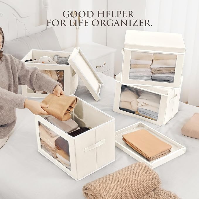 Homsorout Fabric Storage Bins with Lids, Decorative Storage Boxes, Closet Storage Bins with Window, Storage Baskets for Closet, Closet Organizers for Towel, Clothes, Beige, 4-Pack - Image 4