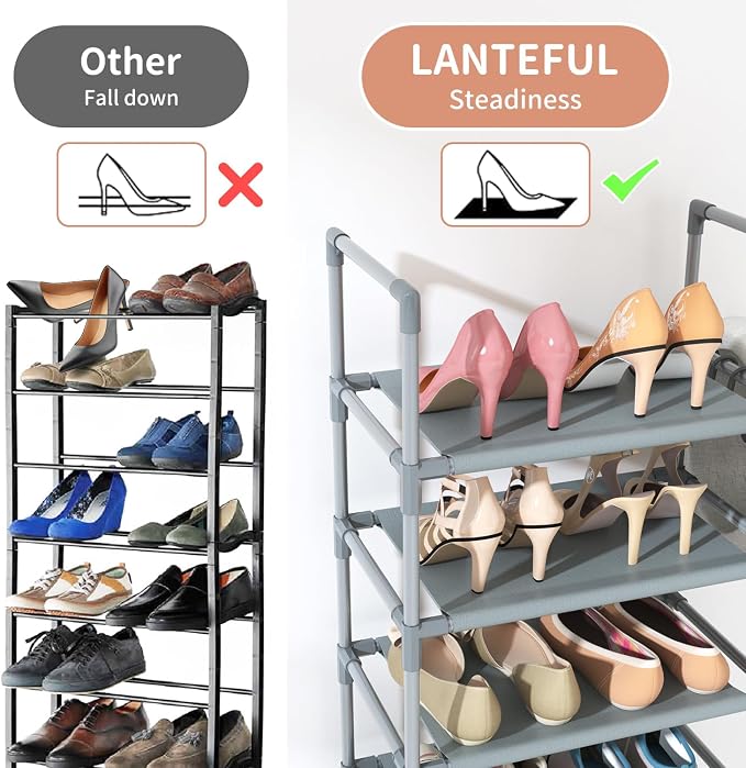 LANTEFUL 10 Tiers Tall Shoe Rack 20-25 Pairs Boots Organizer Storage Sturdy Narrow Shoe Shelf for Entryway, Closets with Hooks, Grey - Image 6