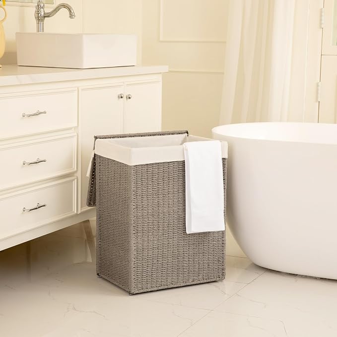 OIAHOMY Laundry Hamper with Lid, 90L(23.8 Gal) Large Wicker Laundry Basket for Bedroom, Handwoven Paper Rope Clothes Hamper with Washable Liner & Metal Frame, Decorative Organizer for Bathroom Grey - Image 7