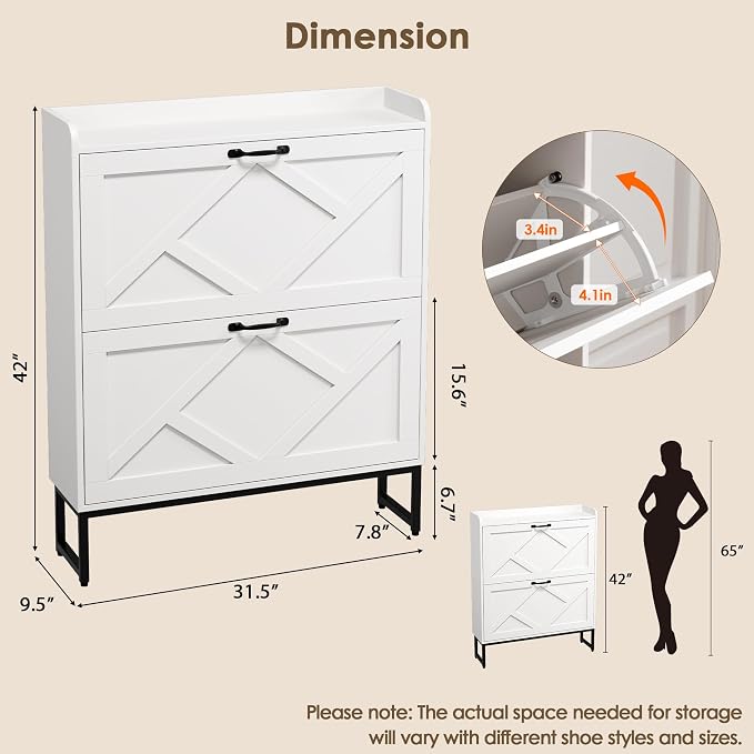 Nicetree Shoe Storage Cabinet with 2 Flip Drawers, Freestanding Shoe Organizer, Shoe Cabinet with Metal Legs, Narrow Shoe Rack Cabinet, Farmhouse Slim Shoe Cabinet for Entryway, Foyer, Hallway, White - Image 2