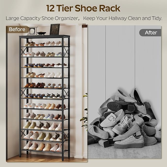 YATINEY 12 Tier Shoe Rack, Large Capacity Shoe Storage Organizer Holds 48 Pairs, Sturdy and Stable, for Entryway, Hallway, Closet, Dorm Room, Black SS12BB - Image 4