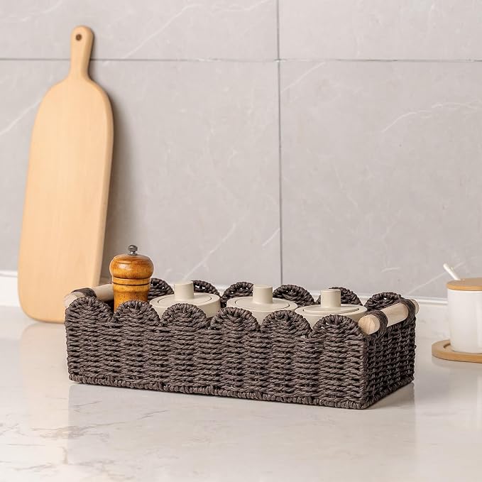 CubesLand Paper Rope Scalloped Edge Shelves Storage Basket, Woven Toilet Paper Baskets for Over Toilet Storage Shelf, Ending Table, Floating Shelves Organizing or Home Décor, with Wood Handle, Brown - Image 7