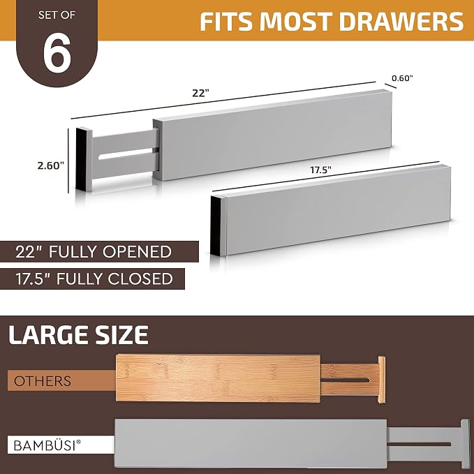 6-Pack Drawer Dividers - 2.6 Inches High, Adjustable 16 to 22 Inches Bamboo Drawer Organizer, Large Expandable Separator for Clothes, Dresser, Bedroom, Bathroom, Baby, Office, Kitchen Utensils, Gray - Image 8