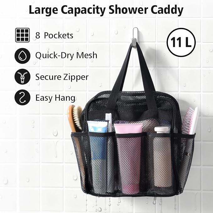 F-color Mesh Shower Caddy Portable with Zipper - Upgrade Deeper 7 Pockets Dorm Room Essentials for Guys Girls with S Hook, Shower Bag Basket Tote for College Camping Toiletry Bathroom, Black - Image 3