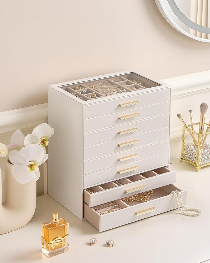 Lolalet Jewelry Box Organizer, 8-Layer Jewelry Organizers and Storage Case with Glass Lid, Ring Earring Bracelet Necklace Holder Organizer, Birthday Valentine Gifts for Women Girls -8Layer, Beige - Image 2