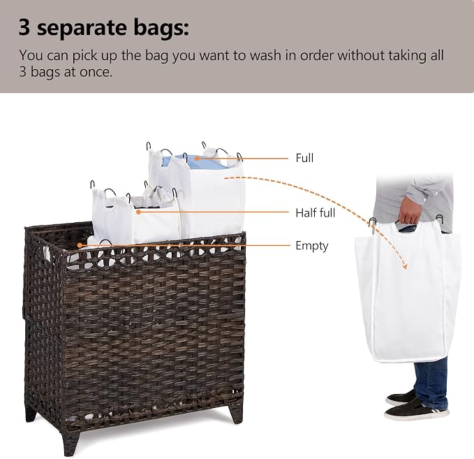 Laundry Hamper with 3 Removable Liner Bags; 132L Handwoven Rattan Laundry Basket with Lid & Heightened Feet; Clothes Hamper with Side Handles; Laundry Sorter with 3 Separate Sections - Image 3