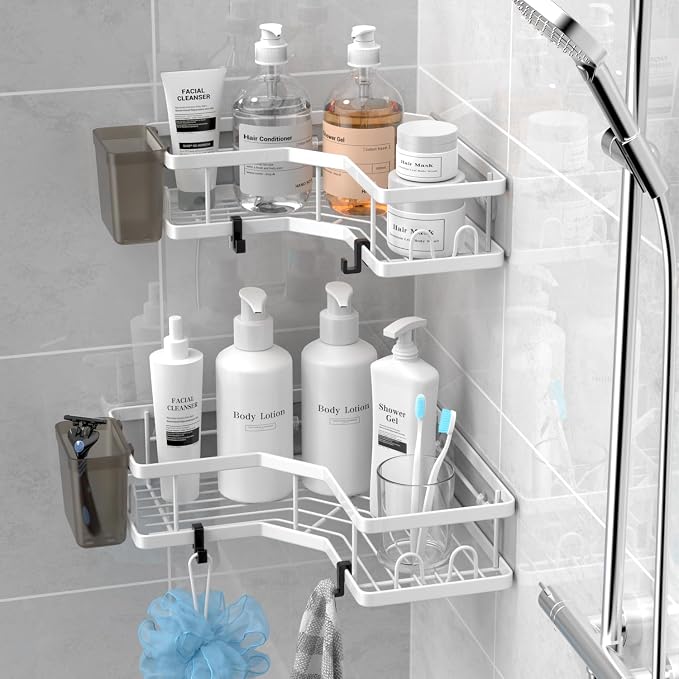 AKTECKE Shower Caddy Corner Organizer Shelf: 2Pack Adhesive Shower Essentials Accessories - No-Drilling Stainless Steel Bathroom Storage Rack with Hooks and Toothpaste Holder - Image 3