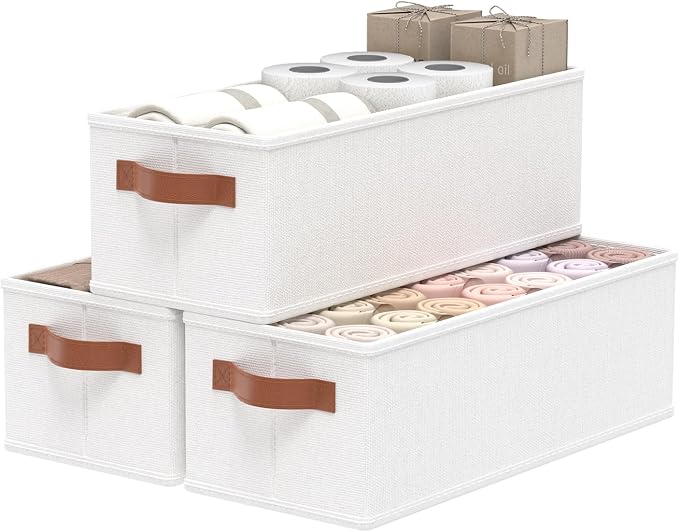 OUTBROS Wardrobe Storage Boxes, Fabric Foldable Bins, Cube Baskets With Handles, Collapsible Organiser For Bedrooms, Living Rooms, Shelves, White, 15 x 6.1 x 5.1 inch, 3-Pack by OUTBROS
