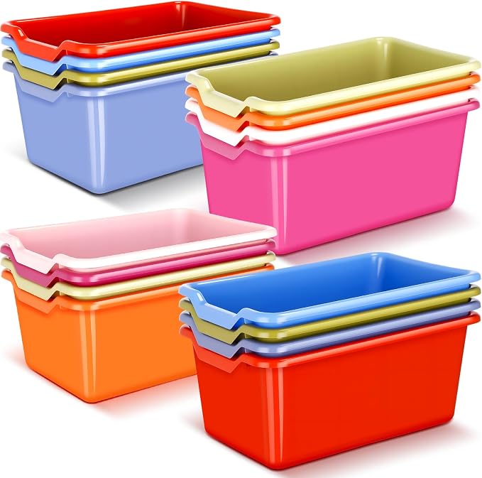 Dandat 16 Pcs Plastic Book Bins for Classroom Library Cubby Bins Scoop Front Stackable Toy Storage Tubs Containers for School Office Home Nursery Playroom Organization(Vintage Color) by Dandat