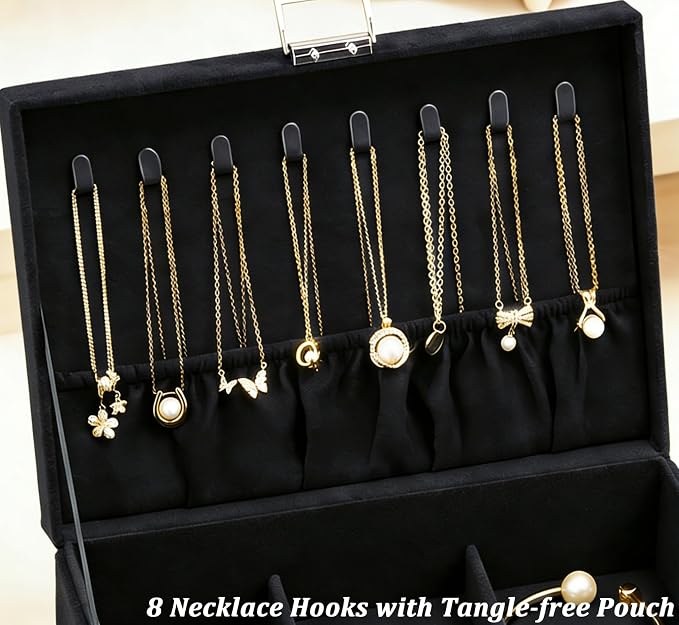 QBestry Jewelry Box for Women with Drawer, 3-Layer Large Jewelry Organizer with Lock & Key, 8 Necklace Hooks & 56 Earring Holes, Black Velvet Jewelry Storage Box for Necklaces Earrings Rings Bracelets - Image 5