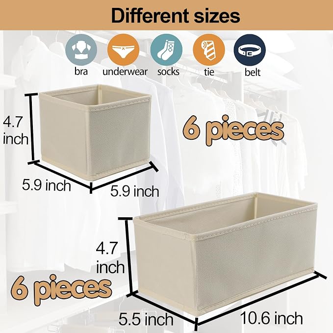 Fordonral Drawer Organizer Clothes, Foldable Fabric Dresser Organizer Closet Organizers and Storage Box for Underwear,Folded Clothes,Baby Clothing,Socks,Bra,Towels,Ties(6M+6S,Beige) - Image 3