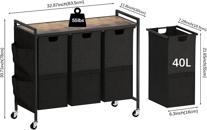 Huhote Laundry Hamper, Laundry Basket, Laundry Sorter with Top Shelf & 3 Removable Washable Bags & Side Pockets for Laundry Room organization, Bathroom and Dorm, Rustic Brown and Black - Image 2