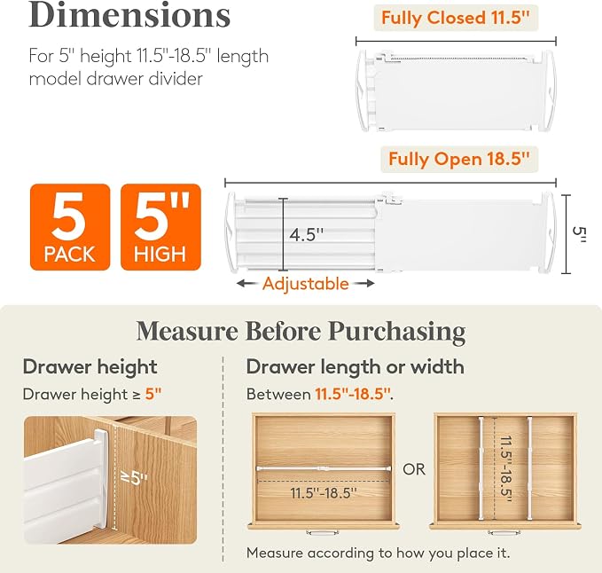 Lifewit 5" Tall 5 Pack Drawer Dividers, 30-47cm/11.5-18.5" Expandable Drawer Divider for Clothes, Adjustable Dresser Drawer Organizers, Drawers Separators for Dresser/Bathroom/Closet/Kitchen White - Image 2