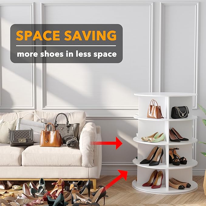 SpaceAid 4 Tier Rotating Shoe Rack Tower, Spinning Shoe Display Lazy Susan, Revolving 360 Shoe Rack Storage Round Carousel, Vertical Handbag Rotate Shoes Closet Organization (4-Tier White) - Image 3