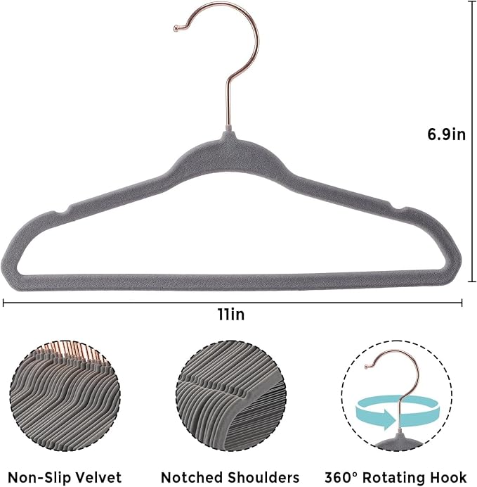 Tonswachic Baby Velvet Hangers 50 Pack - 11 Inch Non-Slip Felt Kids Hanger for Newborn Clothes - Small Toddler Child Hangers Durable for Every Use - 10 Hanger Clips Included, Gray - Image 2