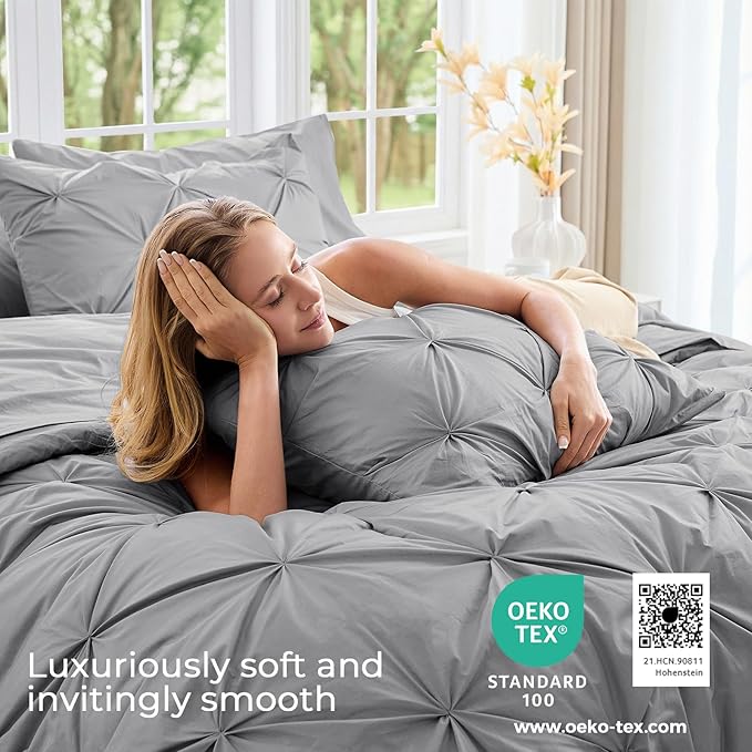 Sasttie Twin XL Comforter Set, 5-Piece Bed in a Bag, Pintuck Bedding Sets for All Season, Includes Comforter, Flat Sheet, Fitted Sheet, Pillowcase and Pillowsham, Light Grey