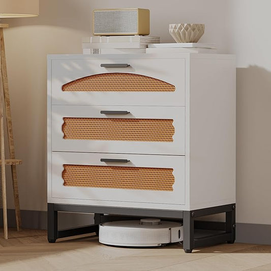 Mericonia 3 Drawer Rattan Dresser for Bedroom, Wood Dresser for Closet with Metal Handles, Small Boho Nightstand Sets, Dressers & Chests of Drawers for Bedroom, Hallway and Entryway, White
