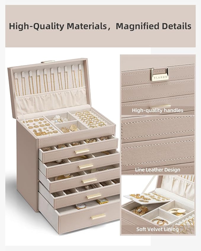 VLANDO 6 Layer Large Jewelry Box - Jewelry Holder Organizer, Jewelry Box Organizer for Drawer Necklace Ring Bracelet and Watch, Birthday Gift for Loved Ones - Toffee - Image 6