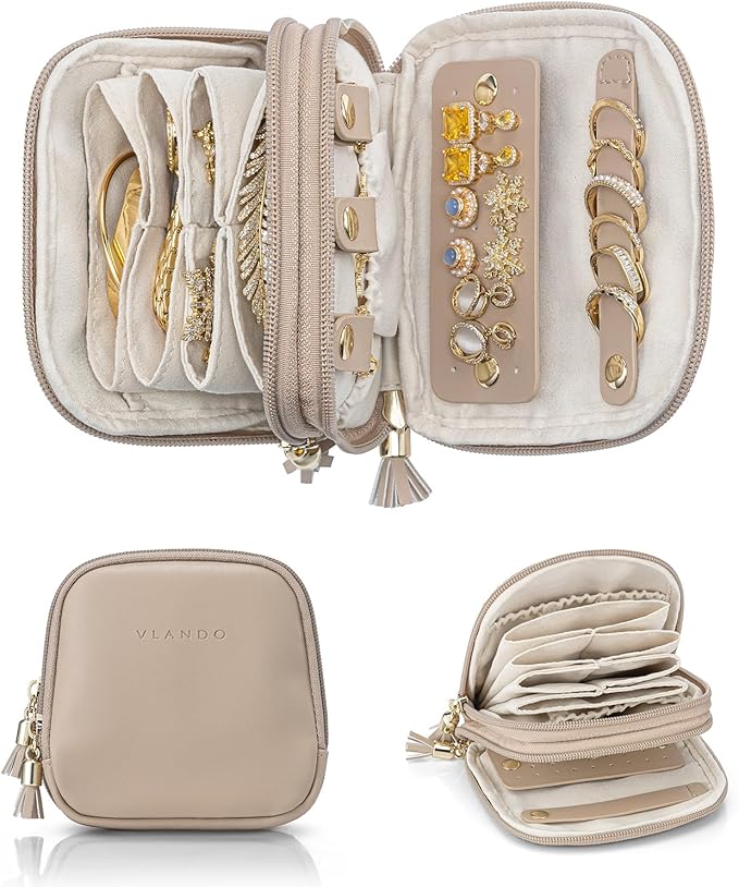 VLANDO Travel Jewelry Case,2-Layer Jewelry Organizer for Travel,Mothers Day Mom Gifts Teacher Gift,Multi-Compartment Jewelry Storage for Rings Earrings Necklaces Bracelets-Toffee by VLANDO