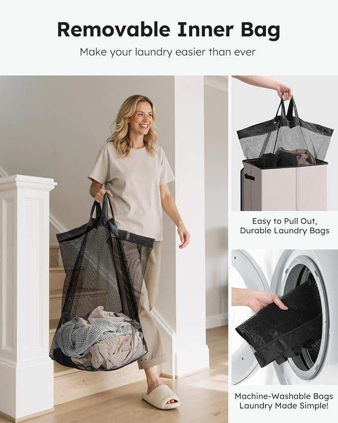 SOLEDI Laundry Hamper with Lid 130L Large & Tall Collapsible Laundry Basket, Clothes Hamper with Bag Removable Easy to Carry, Dirty Hampers for Bedroom, Bathroom, Dorm, College, Light taupe - Image 4