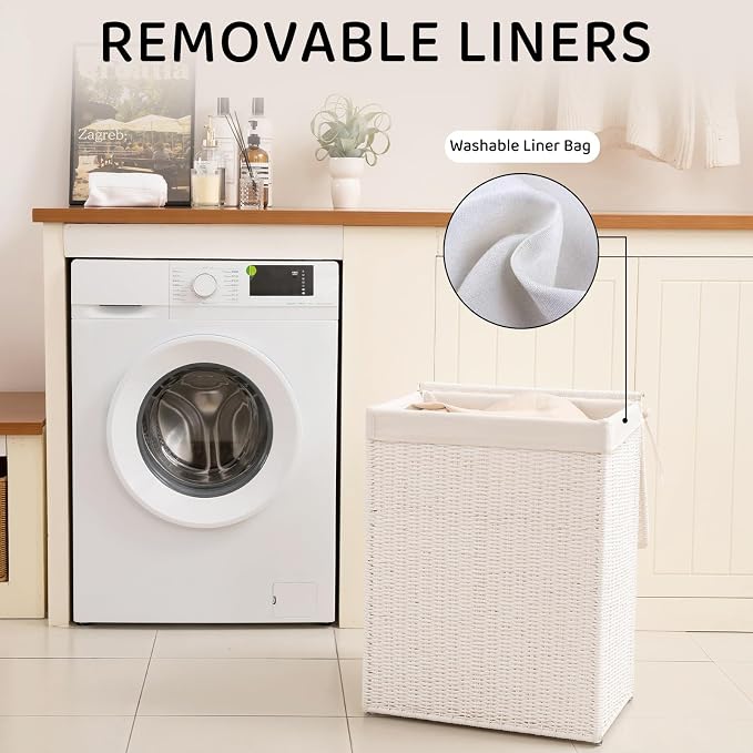 OIAHOMY Laundry Hamper with Lid, 90L(23.8 Gal) Large Wicker Laundry Basket for Bedroom, Handwoven Paper Rope Clothes Hamper with Washable Liner & Metal Frame, Decorative Organizer for Bathroom White - Image 6