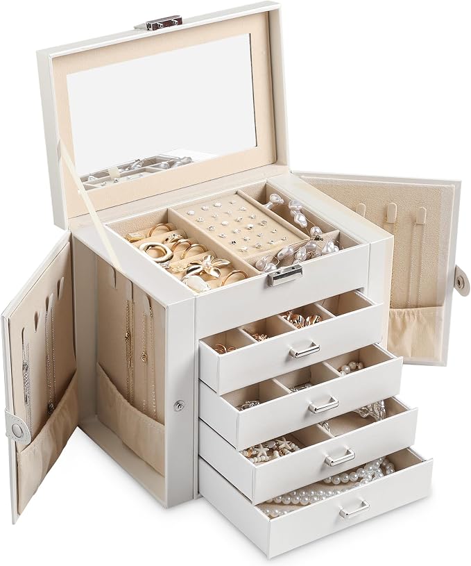 Frebeauty 5-layer Jewelry Box,Faux Leather Jewelry Organizer with 4 Drawers,Jewelry Organizers and Storage with Mirror,Jewelry Holder Organizer for Necklace,Jewerly Boxes for Women Girls(White) by Frebeauty