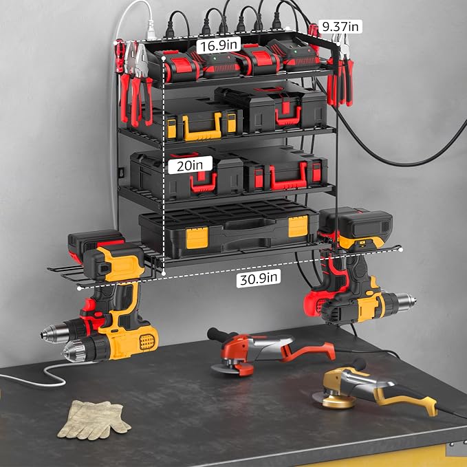 CCCEI Garage Tools Storage with Charging Station. Power Tool Battery Organizer Utility Shelf with Power Strip. 4 Drills Holder Wall Mount Rack, Black 4 Layer. - Image 6