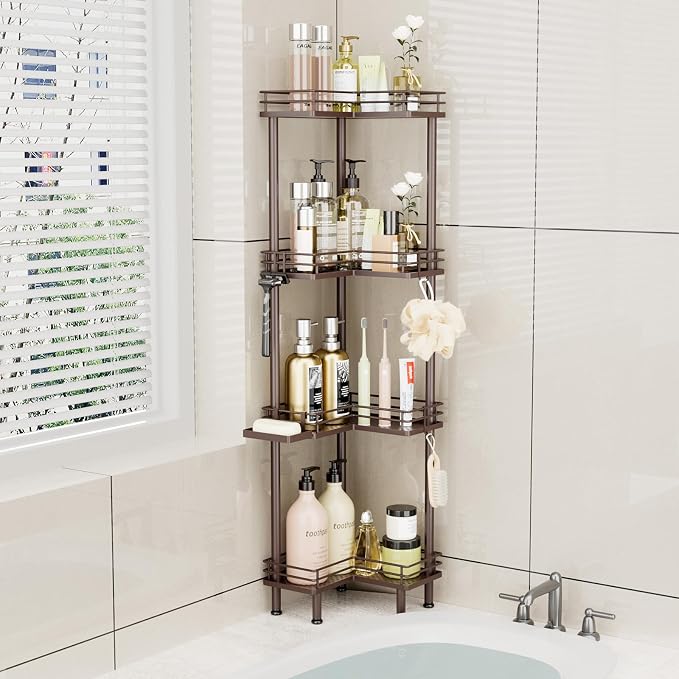 Consumest Corner Shower Caddy Standing - 4-Tier Stainless Steel Shower Organizer with Soap Holder and 4 Hooks, Large Capacity Corner Shelf Stand for Bathroom, Rest Room, Bronze - Image 7