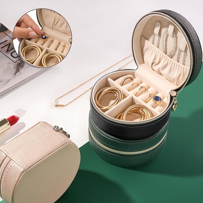 ProCase Travel Size Jewelry Box, Mini Portable Seashell-Shaped Jewelry Case, 2 Layer Organizer in PU Leather for Women -Black - Image 2