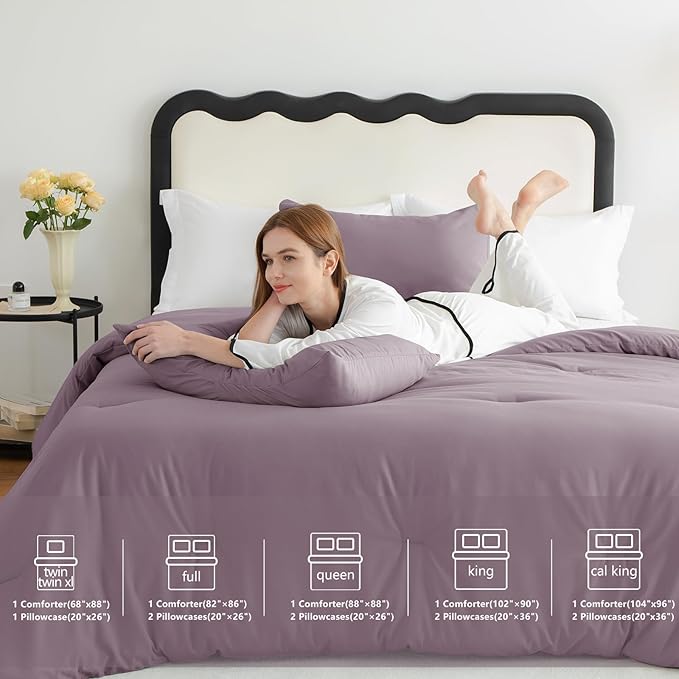 CozyLux Queen Comforter Set Dusty Purple, 3 Pieces Solid Comforters Queen Size Breathable Bedding Sets, Grayish Purple Luxury Soft Lightweight Bed Set with Down Alternative Comforter and 2 Pillowcases