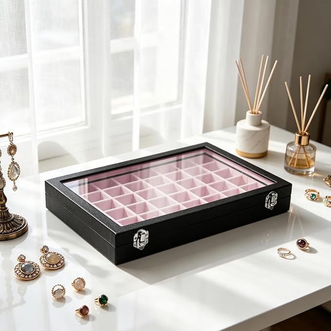 Stratalife Jewelry Organizer 48 Grid Jewelry Tray with Clear Lid Dust-proof Velvet Earring Organizer Necklace Rings Holder Display Drawer Storage Case for Women Pink Black - Image 3