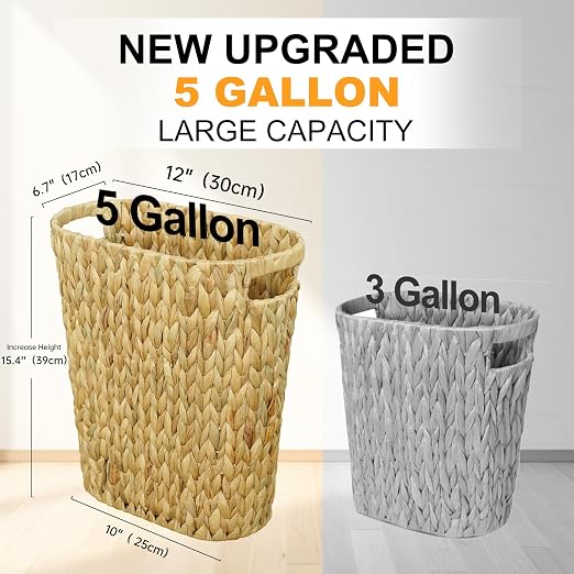 Coeusy Wicker Trash Can,Bathroom Trash Can,Water Hyacinth Wicker Waste Basket for Bathroom,Handwoven Narrow Small Waste Basket for Bedroom,Office,5 Gallon - Image 2