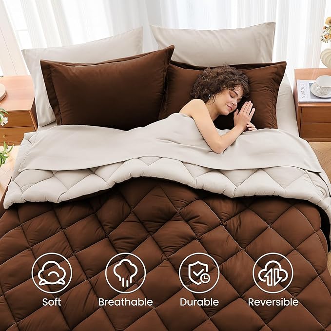 MUXHOMO 7 Pieces California King Comforter Set, Reversible Bed in a Bag Cal King Size, All Season Bedding Set with Comforter, Flat Sheet, Fitted Sheet, Pillowcases & Shams, Brown & Khaki
