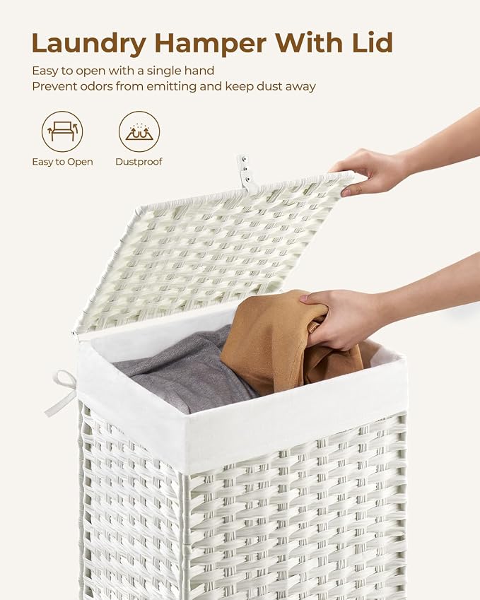 Greenstell Laundry Hamper with Lid, 60L Clothes Hamper with 2 Removable Liner Bags & 2 Mesh Bags, Handwoven Synthetic Rattan Basket, Toys in Bathroom, Bedroom White - Image 5