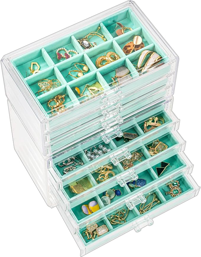 ProCase Earring Holder Organizer Jewelry Box with 8 Drawers, Acrylic Clear Earring Case with Adjustable Velvet Trays for Women - Aqua, 8 Layers by ProCase