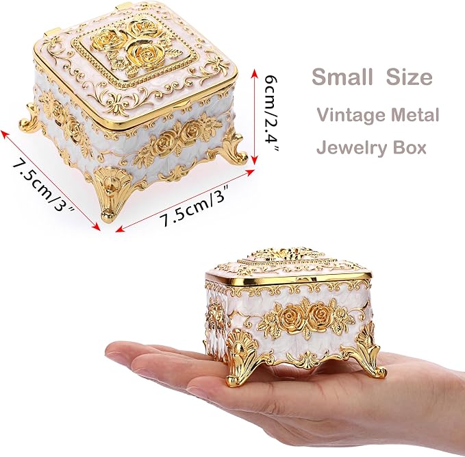 Hipiwe Vintage Jewelry Box Trinket Organizer Enameled Metal Treasure Chest Ring Holder Earrings Storage Case Decorative Keepsake Box Gift for Women, Small 3"x3"x2.4" - Image 4
