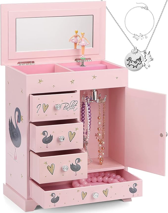 Jewelry Box for Girls 8.9 x 4.92 x 10.98 inch Large 5 Layer Music Box with Spinning Ballerina with Unicorn Necklace & Bracelet Set Jewelry Organizer for Kids Birthday Christmas Gift Pink by efubaby