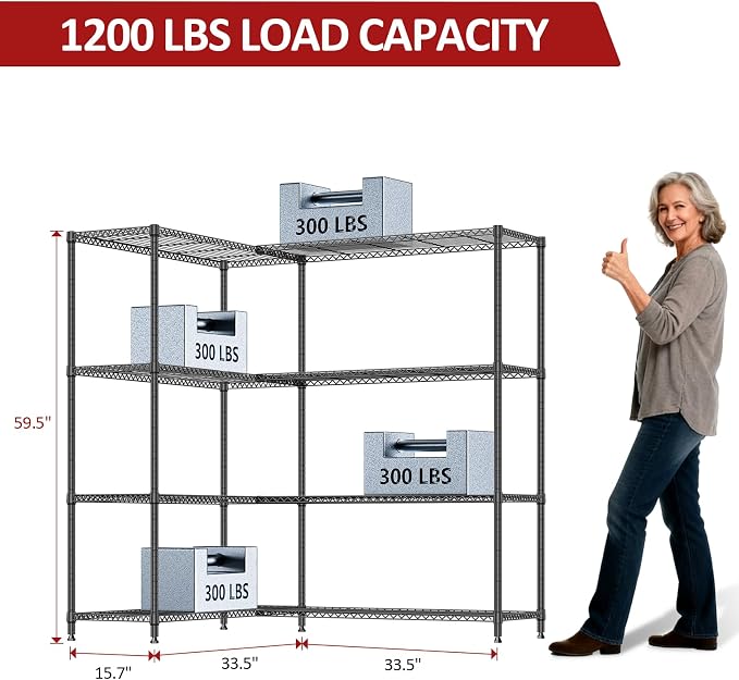 IZEUK Linked Storage Racks, DIY Adjustable Heavy Duty Metal Shelving Unit for Corner, Ideal for Kitchen, Garage, Warehouse, and Garden (Black, 4 Tiers, 15.7" D x 33.5" W x 59.5" H, 1147 lbs Capacity) - Image 3