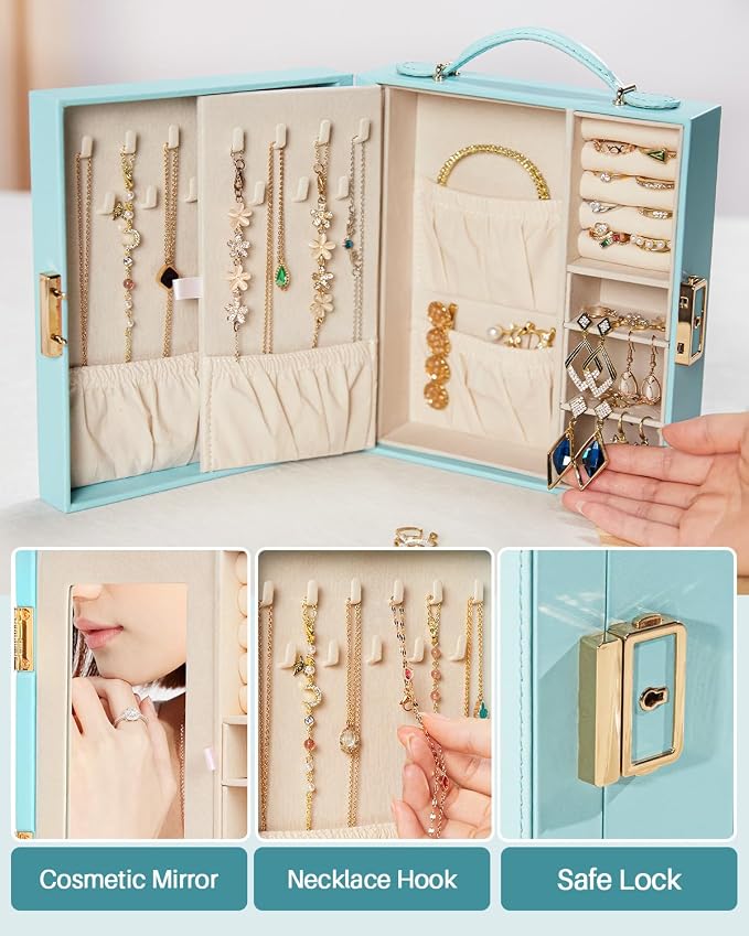Enthralite Large Travel Jewelry Case: Portable Necklace Box with Mirror - PU Leather & Velvet Lined Jewelry Organizer for Ring Earring Bangle Bracelets Watch - Birthday Gift for Her - Image 5