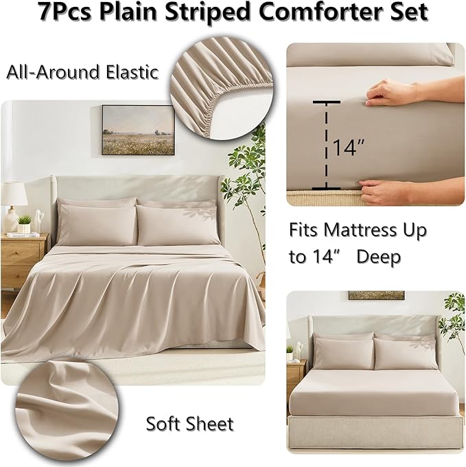 CozyLux Full Size Comforter Set Wheat, 7 Pieces Bed in a Bag, Wheat Comforter Full Size, All Season Bedding Sets with Stitch Quilted Comforter, Flat Sheet, Fitted Sheet, Pillowcases