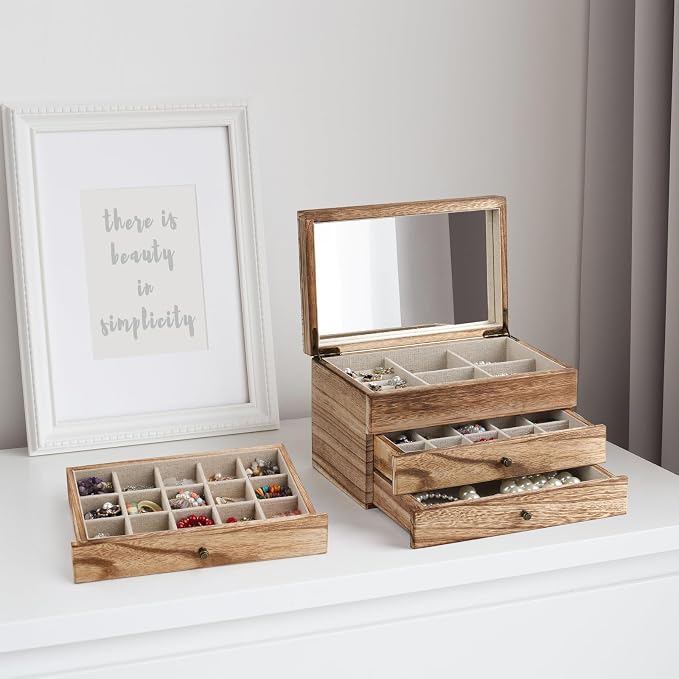 Meangood Jewelry Box Organizer for Women, 3 Layer Large Jewelry Storage Case, Rustic Wooden Jewelry Box with Mirror & Ring Tray for Necklace Earring Bracelets Rings, Vintage Style (Carbonized Black) - Image 4